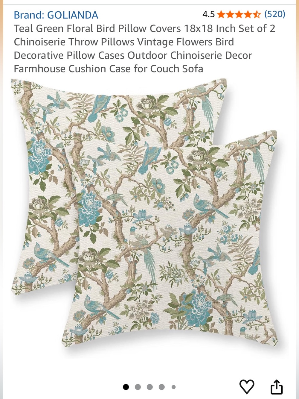 GOLIANDA Teal Green Floral Bird Throw Pillow Covers
